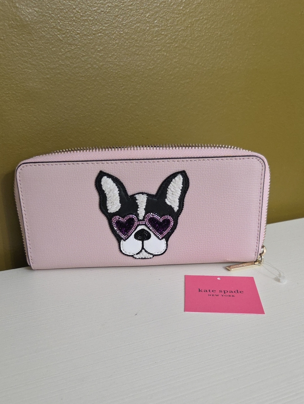 NEW Kate Spade Pink Dog Appliqué Zip Wallet
